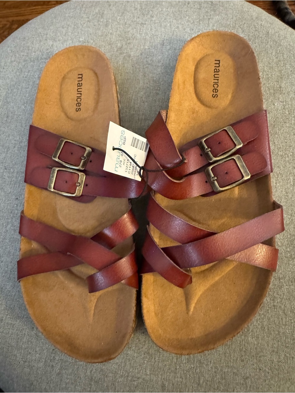 Maurices Woman’s Burgundy Double-Buckle Crisscross Sandals